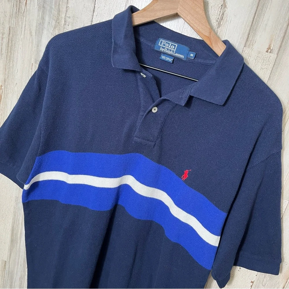 Vintage Polo Ralph Lauren Navy Stripe Short Sleeve Knit‎ Polo Shirt Mens Medium